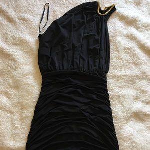 Black one shoulder short dress with gold detail